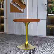 Verve Round Dining Table with MDF/Sintered Stone/Resin Tabletop in Gold Stainless Steel Pedestal Base MDF 27 Inch Cognac Brown Dining Table Leisuremod