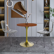 Verve Round Dining Table with MDF/Sintered Stone/Resin Tabletop in Gold Stainless Steel Pedestal Base MDF 27 Inch Cognac Brown Dining Table Leisuremod