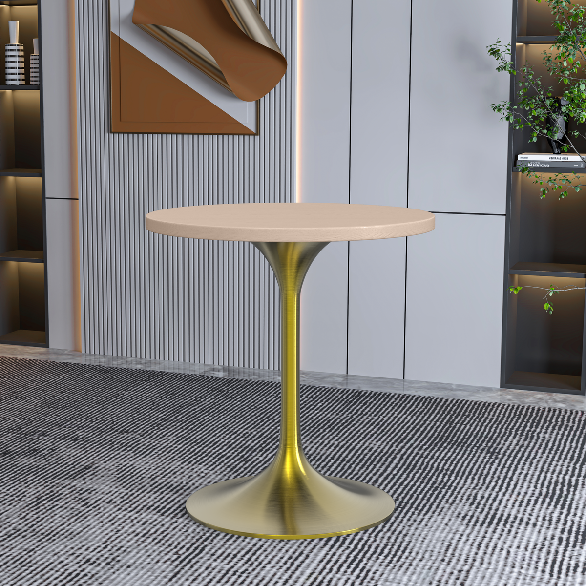 Verve Round Dining Table with MDF/Sintered Stone/Resin Tabletop in Gold Stainless Steel Pedestal Base MDF 27 Inch Natural Wood Dining Table Leisuremod