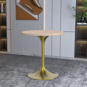 Verve Round Dining Table with MDF/Sintered Stone/Resin Tabletop in Gold Stainless Steel Pedestal Base MDF 27 Inch Natural Wood Dining Table Leisuremod