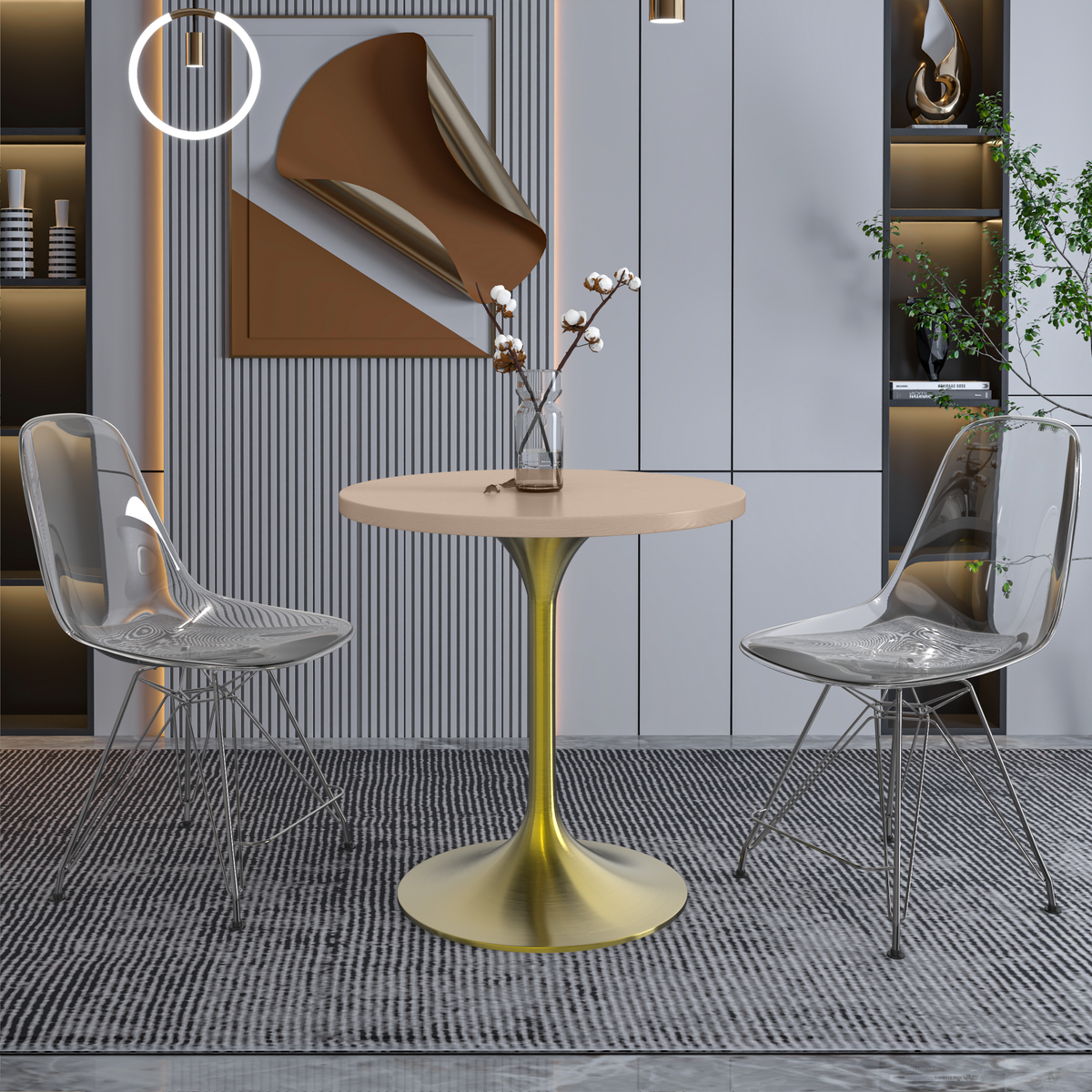 Verve Round Dining Table with MDF/Sintered Stone/Resin Tabletop in Gold Stainless Steel Pedestal Base MDF 27 Inch Natural Wood Dining Table Leisuremod