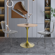 Verve Round Dining Table with MDF/Sintered Stone/Resin Tabletop in Gold Stainless Steel Pedestal Base MDF 27 Inch Natural Wood Dining Table Leisuremod