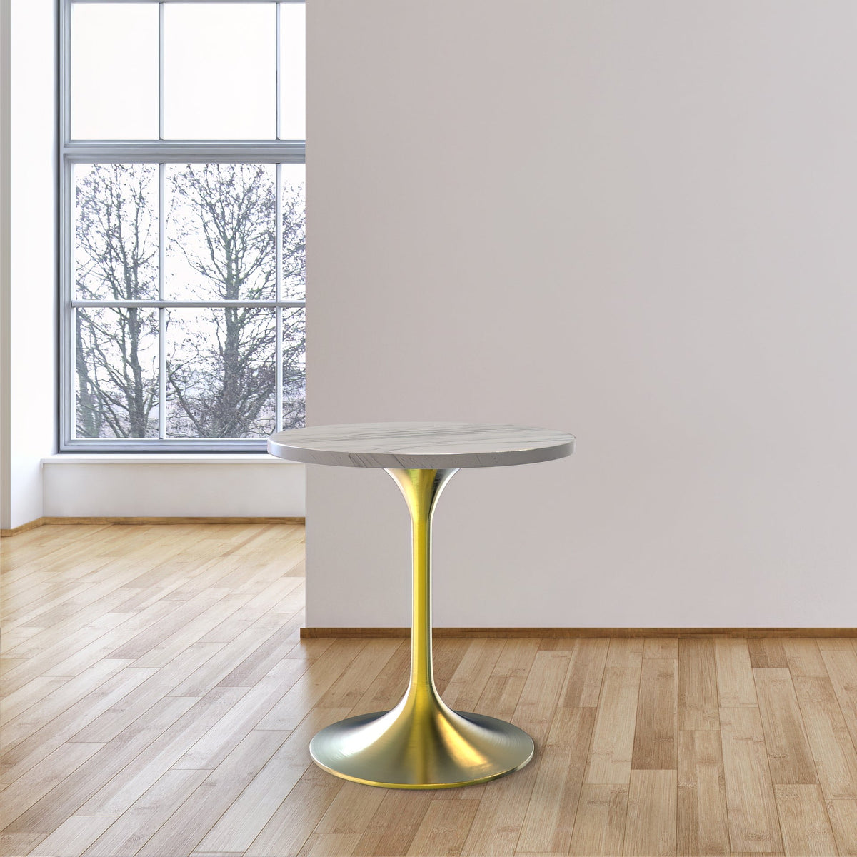 Verve Round Dining Table with MDF/Sintered Stone/Resin Tabletop in Gold Stainless Steel Pedestal Base MDF 48 Inch Natural Wood Dining Table Leisuremod