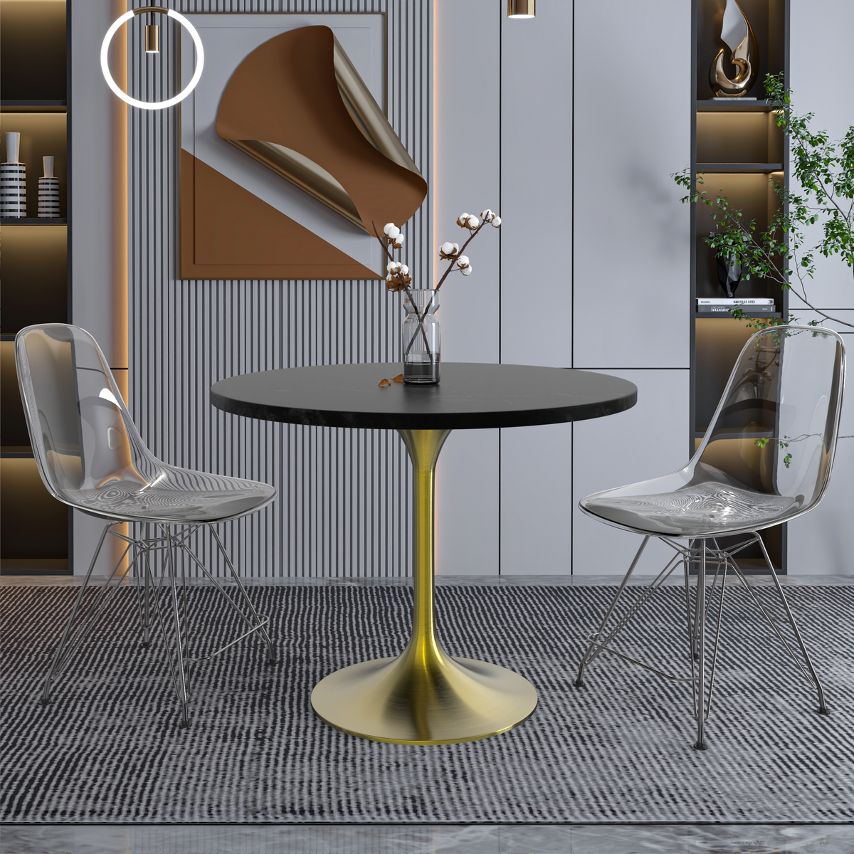 Verve Round Dining Table with MDF/Sintered Stone/Resin Tabletop in Gold Stainless Steel Pedestal Base MDF 36 Inch Black Dining Table Leisuremod