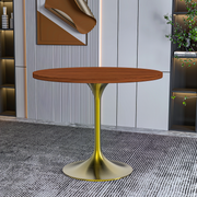 Verve Round Dining Table with MDF/Sintered Stone/Resin Tabletop in Gold Stainless Steel Pedestal Base MDF 36 Inch Cognac Brown Dining Table Leisuremod