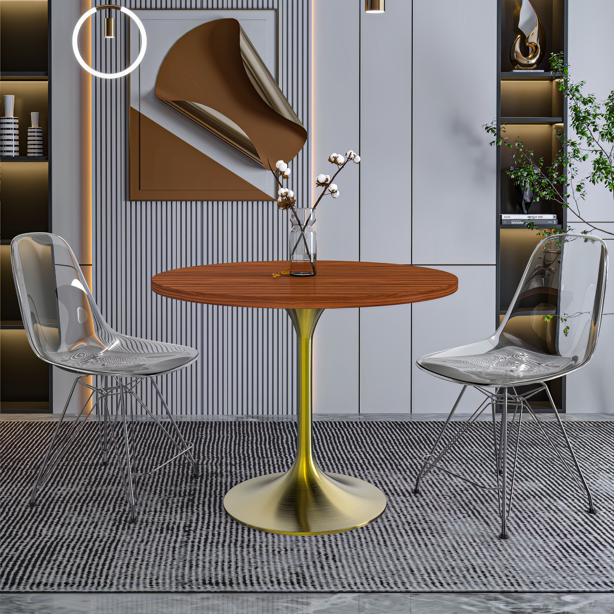 Verve Round Dining Table with MDF/Sintered Stone/Resin Tabletop in Gold Stainless Steel Pedestal Base MDF 36 Inch Cognac Brown Dining Table Leisuremod