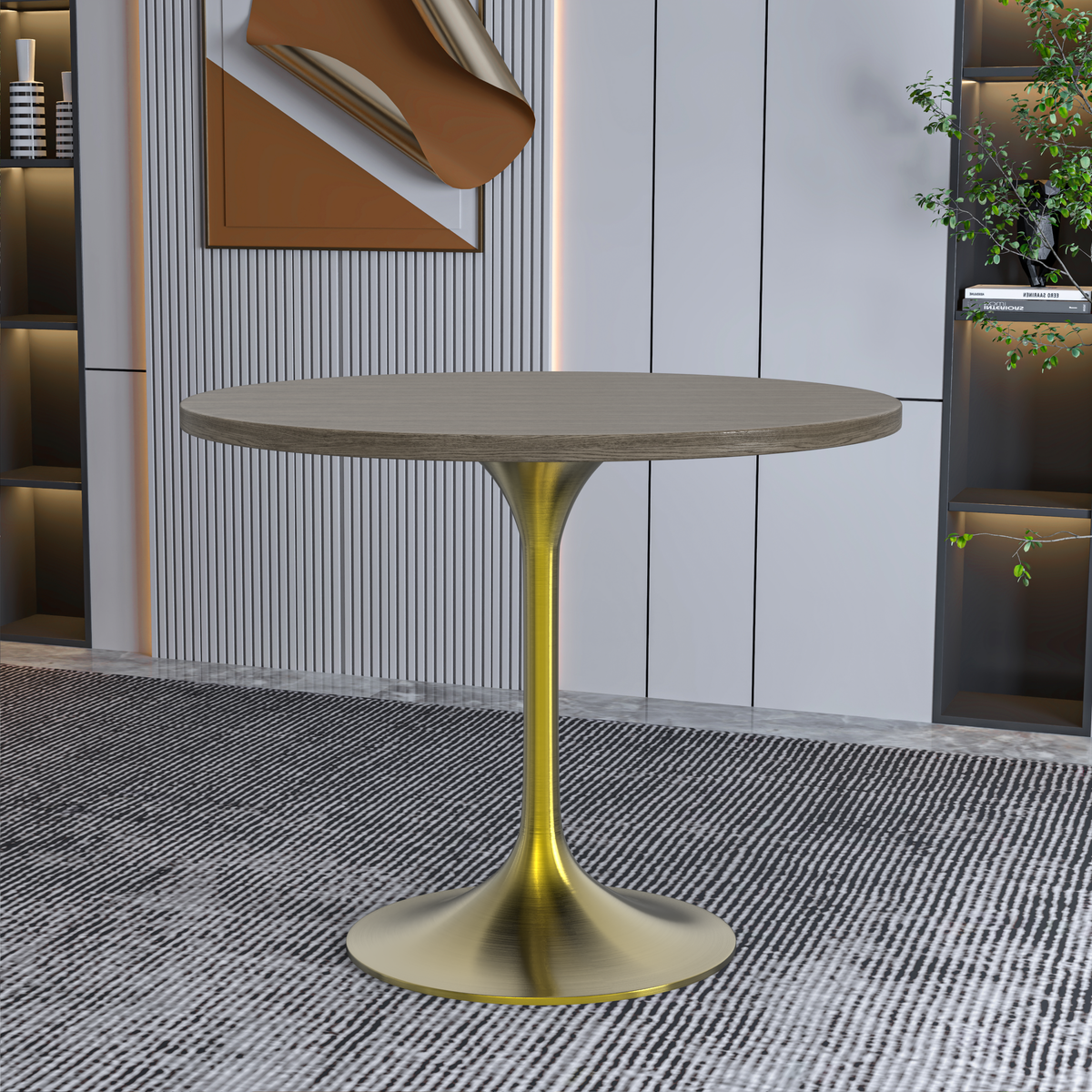 Verve Round Dining Table with MDF/Sintered Stone/Resin Tabletop in Gold Stainless Steel Pedestal Base MDF 36 Inch Dark Maple Dining Table Leisuremod