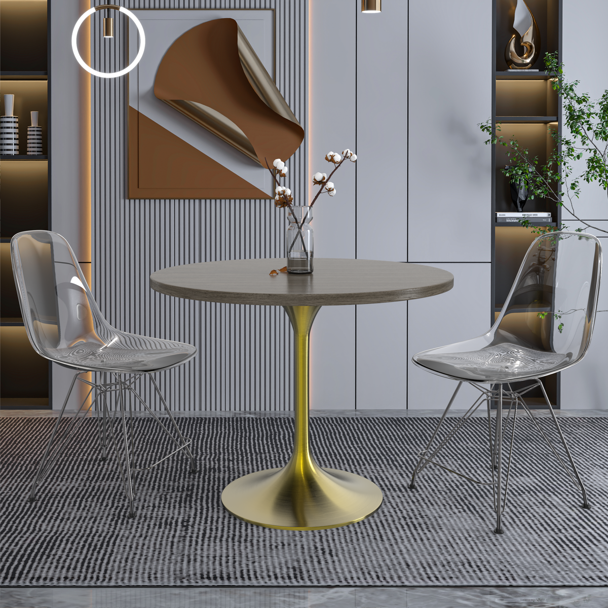 Verve Round Dining Table with MDF/Sintered Stone/Resin Tabletop in Gold Stainless Steel Pedestal Base MDF 36 Inch Dark Maple Dining Table Leisuremod