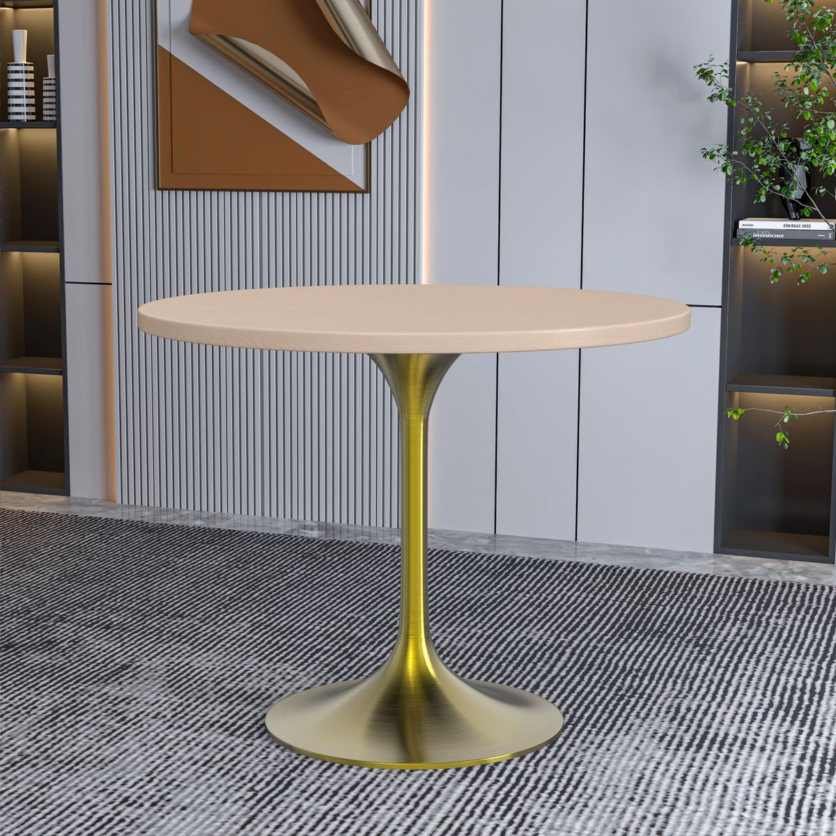 Verve Round Dining Table with MDF/Sintered Stone/Resin Tabletop in Gold Stainless Steel Pedestal Base MDF 36 Inch Natural Wood Dining Table Leisuremod