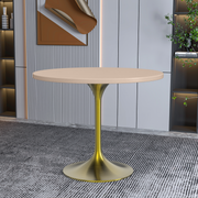 Verve Round Dining Table with MDF/Sintered Stone/Resin Tabletop in Gold Stainless Steel Pedestal Base MDF 36 Inch Natural Wood Dining Table Leisuremod
