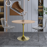 Verve Round Dining Table with MDF/Sintered Stone/Resin Tabletop in Gold Stainless Steel Pedestal Base MDF 36 Inch Natural Wood Dining Table Leisuremod