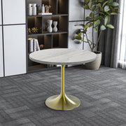 Verve Round Dining Table with MDF/Sintered Stone/Resin Tabletop in Gold Stainless Steel Pedestal Base MDF 48 Inch Natural Wood Dining Table Leisuremod