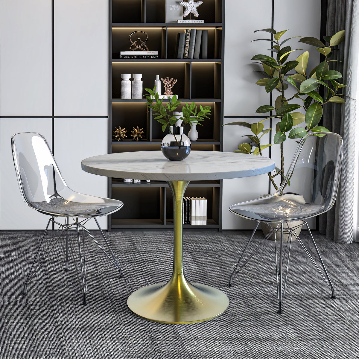 Verve Round Dining Table with MDF/Sintered Stone/Resin Tabletop in Gold Stainless Steel Pedestal Base MDF 48 Inch Natural Wood Dining Table Leisuremod