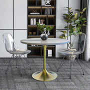 Verve Round Dining Table with MDF/Sintered Stone/Resin Tabletop in Gold Stainless Steel Pedestal Base MDF 48 Inch Natural Wood Dining Table Leisuremod