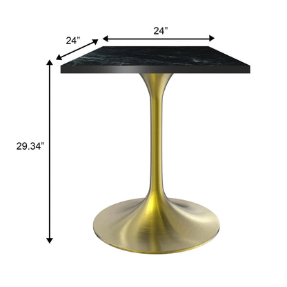 LeisureMod Verve Collection 24"Square Dining Table, Black/White/Brushed Gold Base with Black MDF Top - Elax Furniture