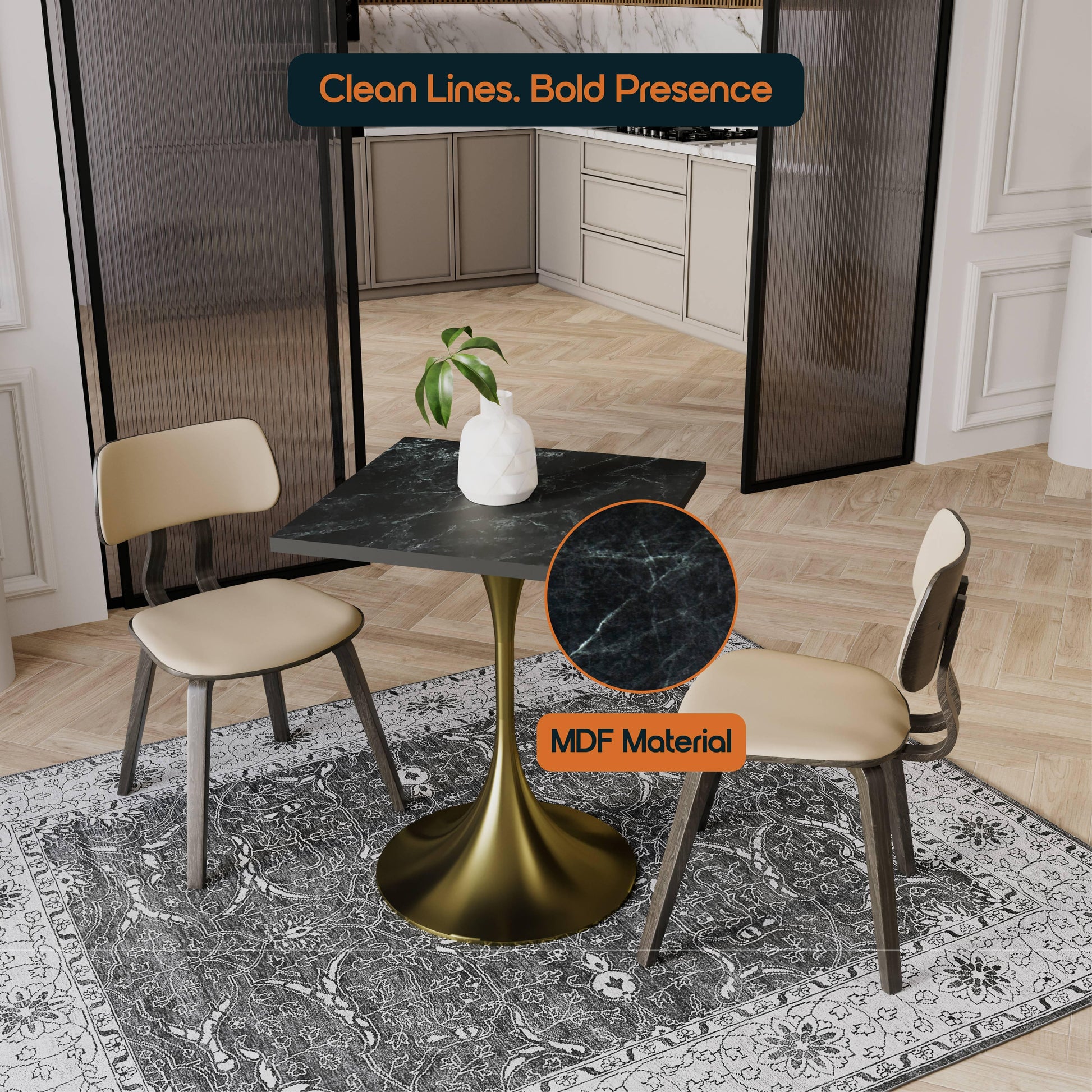 LeisureMod Verve Collection 24"Square Dining Table, Black/White/Brushed Gold Base with Black MDF Top - Elax Furniture