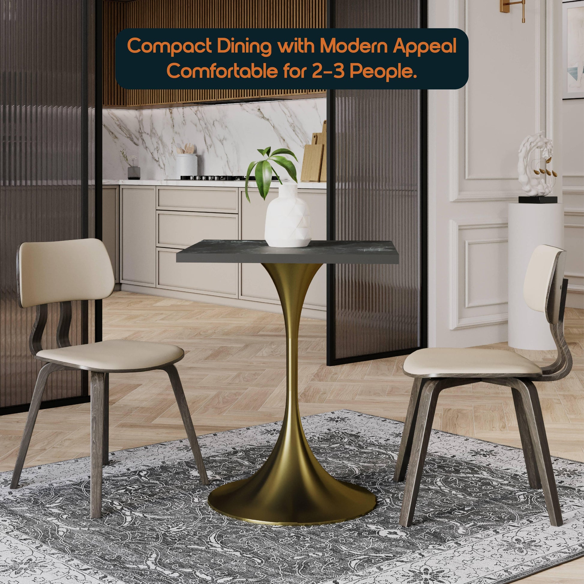 LeisureMod Verve Collection 24"Square Dining Table, Black/White/Brushed Gold Base with Black MDF Top - Elax Furniture