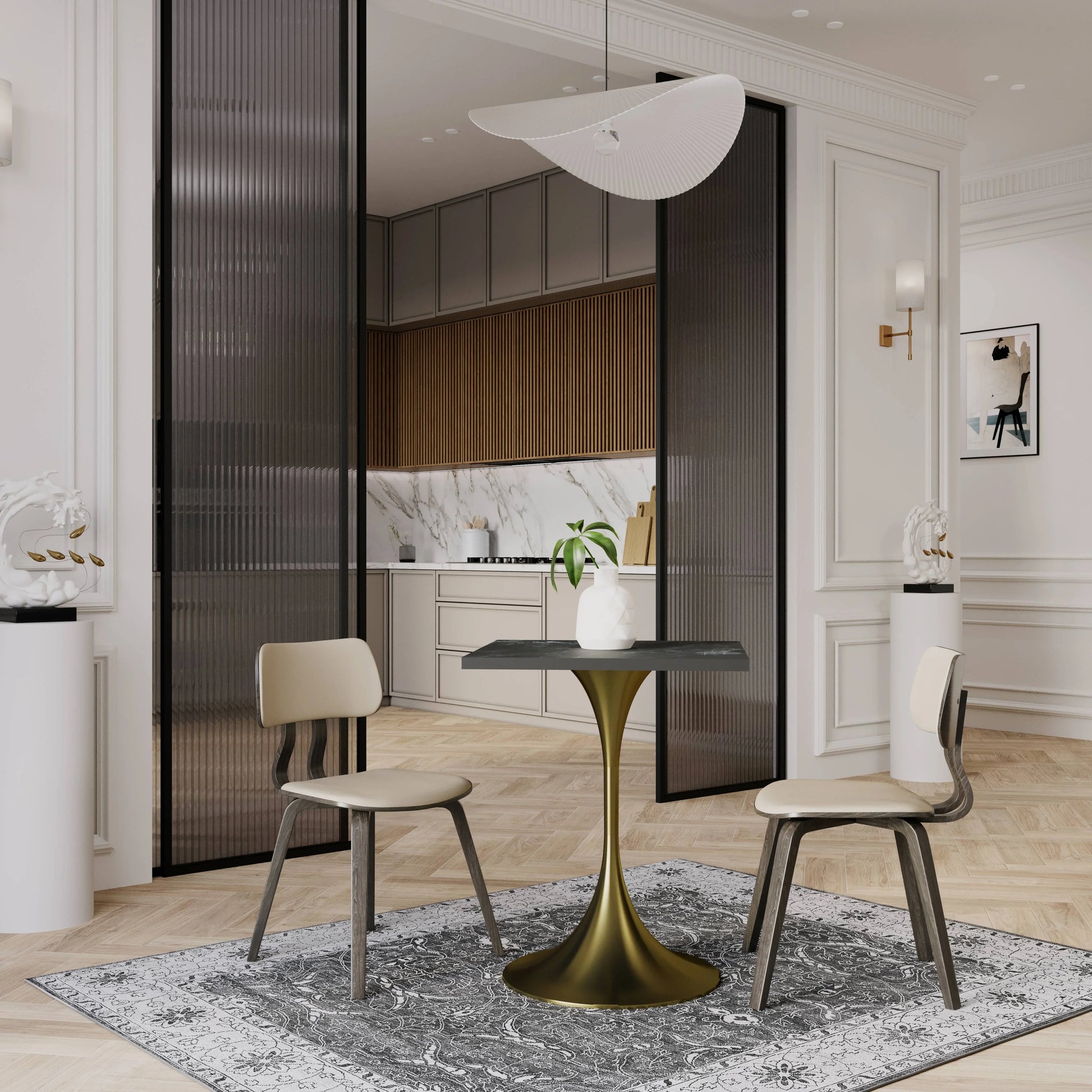 LeisureMod Verve Collection 24"Square Dining Table, Black/White/Brushed Gold Base with Black MDF Top - Elax Furniture