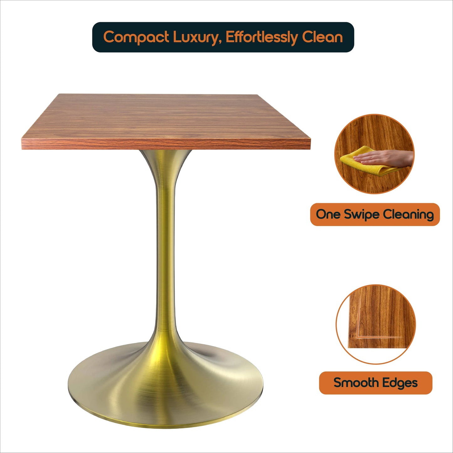 LeisureMod Verve Collection 24"Square Dining Table, Black/White/Brushed Gold Base with Black MDF Top - Elax Furniture