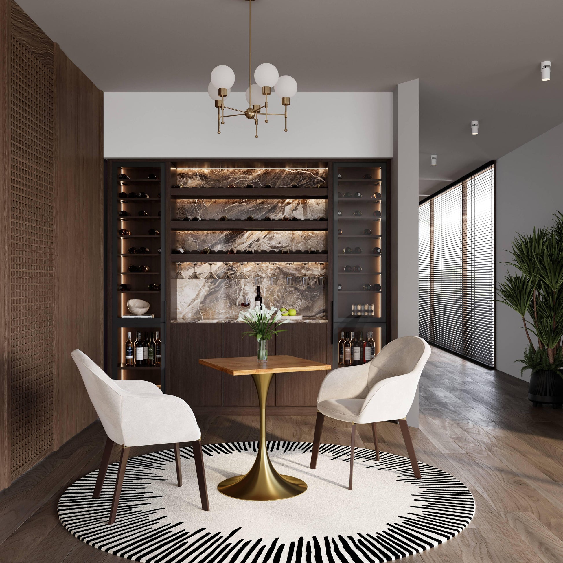 LeisureMod Verve Collection 24"Square Dining Table, Black/White/Brushed Gold Base with Black MDF Top - Elax Furniture