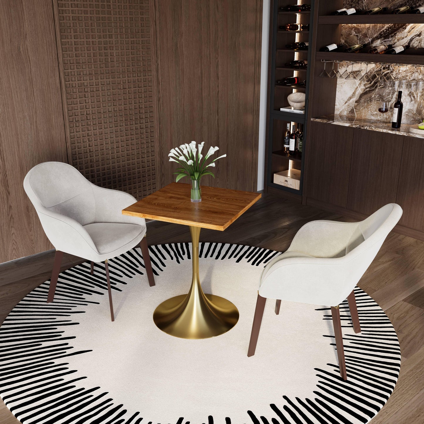 LeisureMod Verve Collection 24"Square Dining Table, Black/White/Brushed Gold Base with Black MDF Top - Elax Furniture