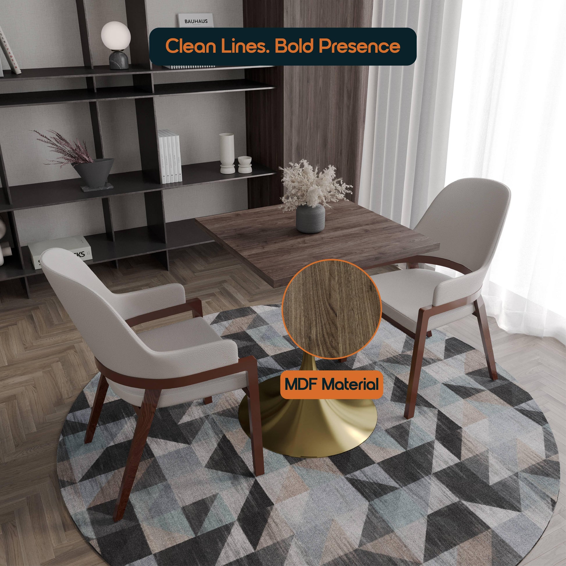 LeisureMod Verve Collection 24"Square Dining Table, Black/White/Brushed Gold Base with Black MDF Top - Elax Furniture