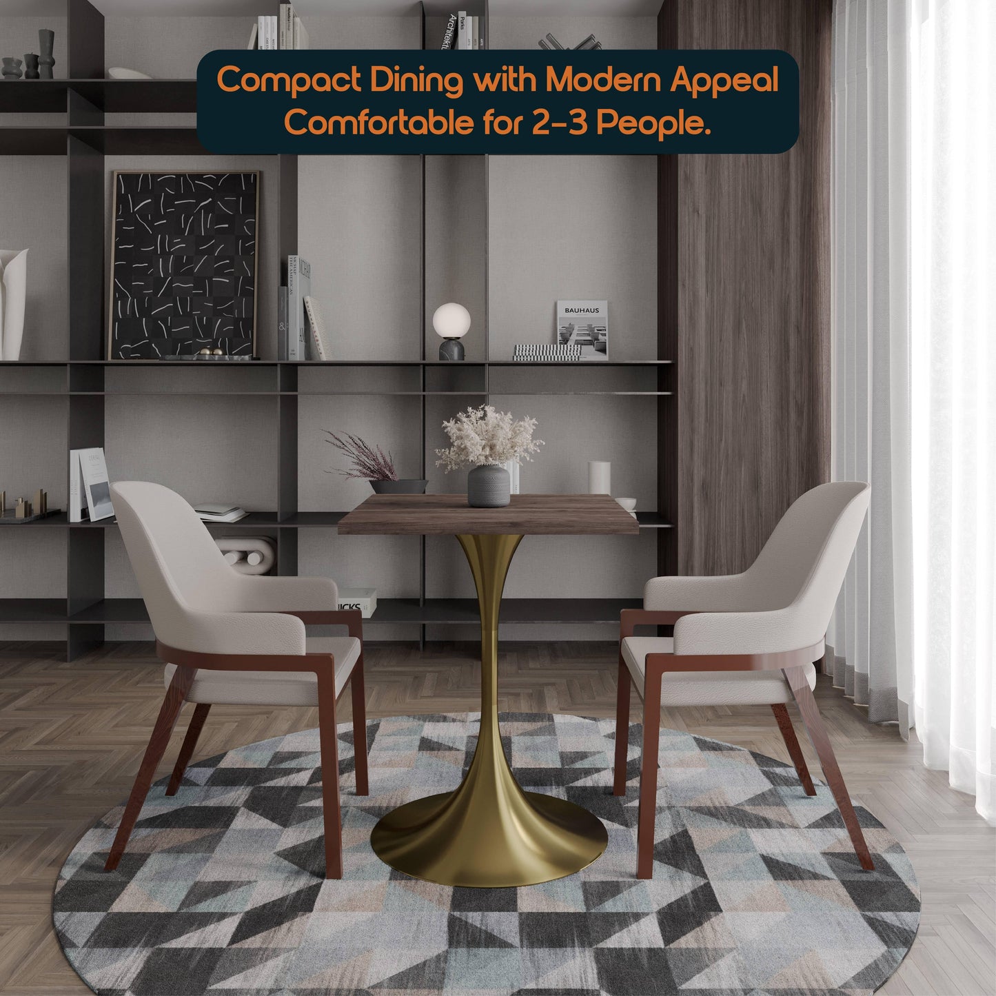 LeisureMod Verve Collection 24"Square Dining Table, Black/White/Brushed Gold Base with Black MDF Top - Elax Furniture