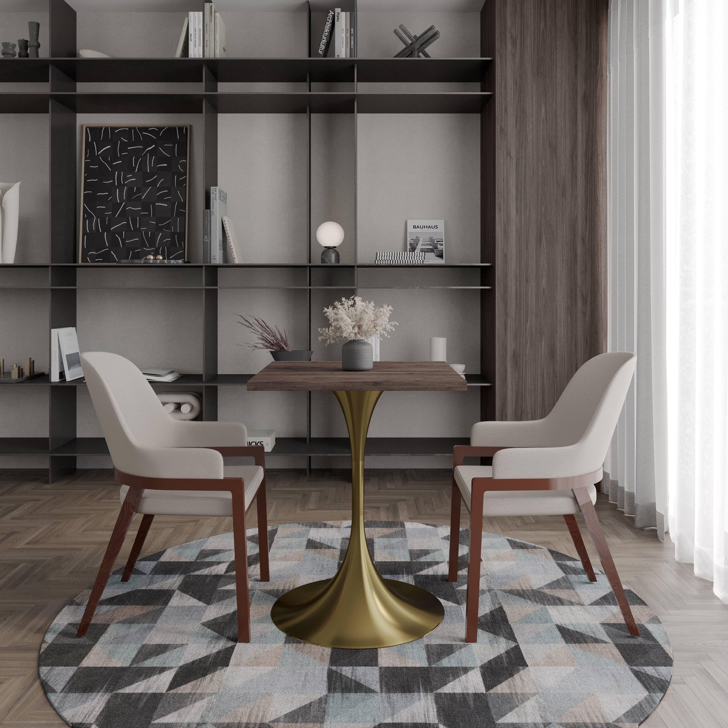 LeisureMod Verve Collection 24"Square Dining Table, Black/White/Brushed Gold Base with Black MDF Top - Elax Furniture