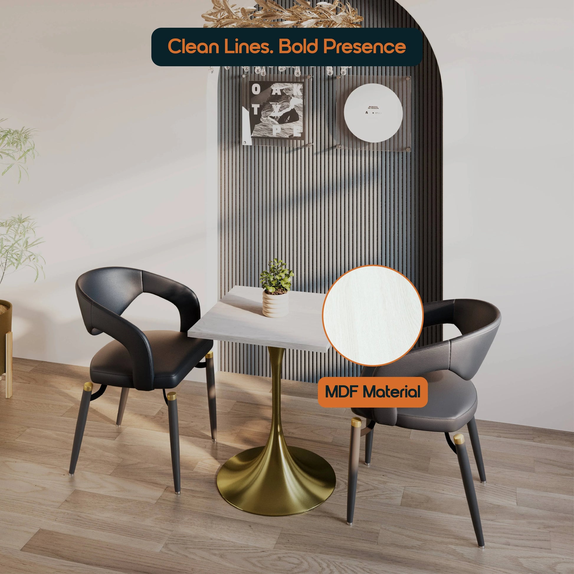 LeisureMod Verve Collection 24"Square Dining Table, Black/White/Brushed Gold Base with Black MDF Top - Elax Furniture