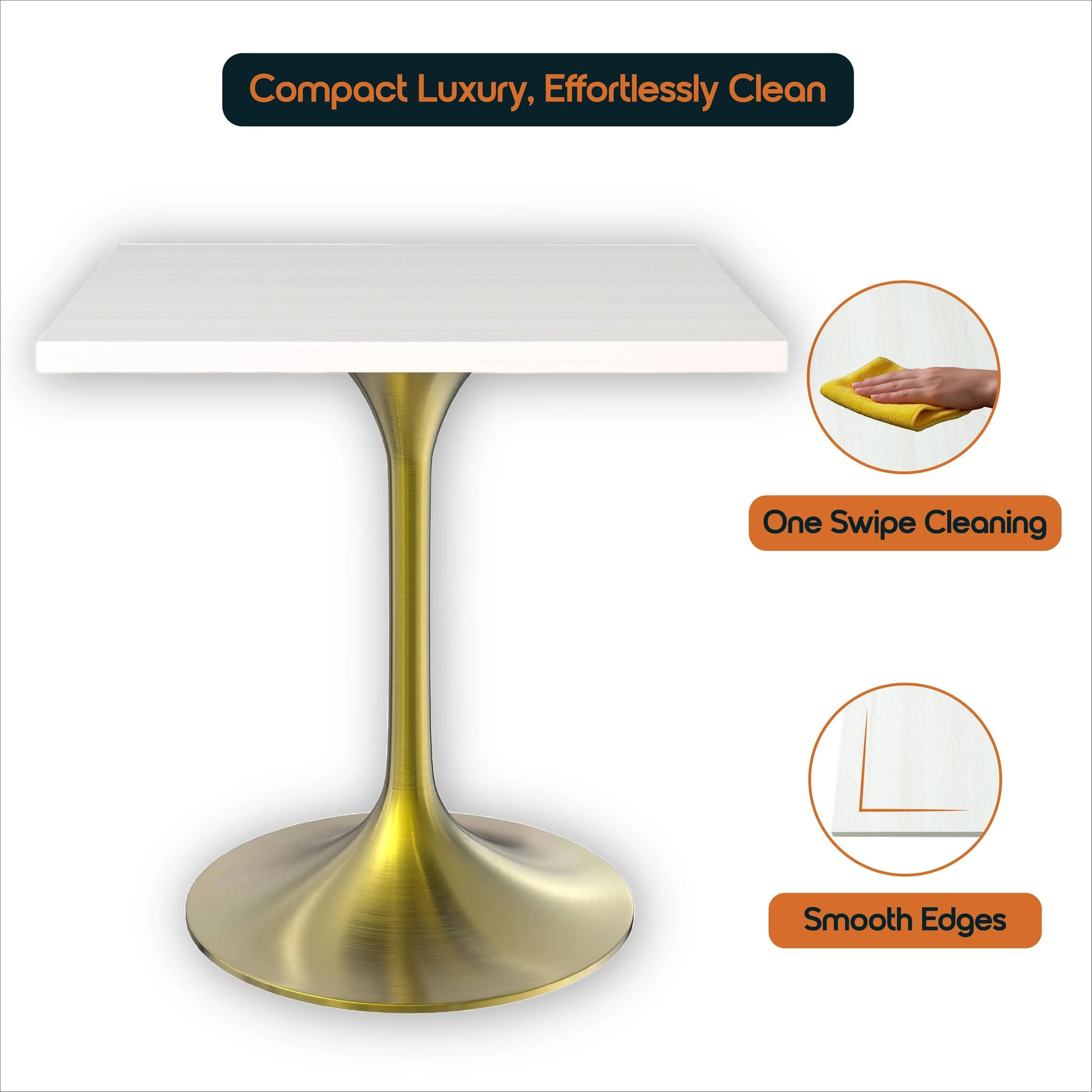 LeisureMod Verve Collection 24"Square Dining Table, Black/White/Brushed Gold Base with Black MDF Top - Elax Furniture