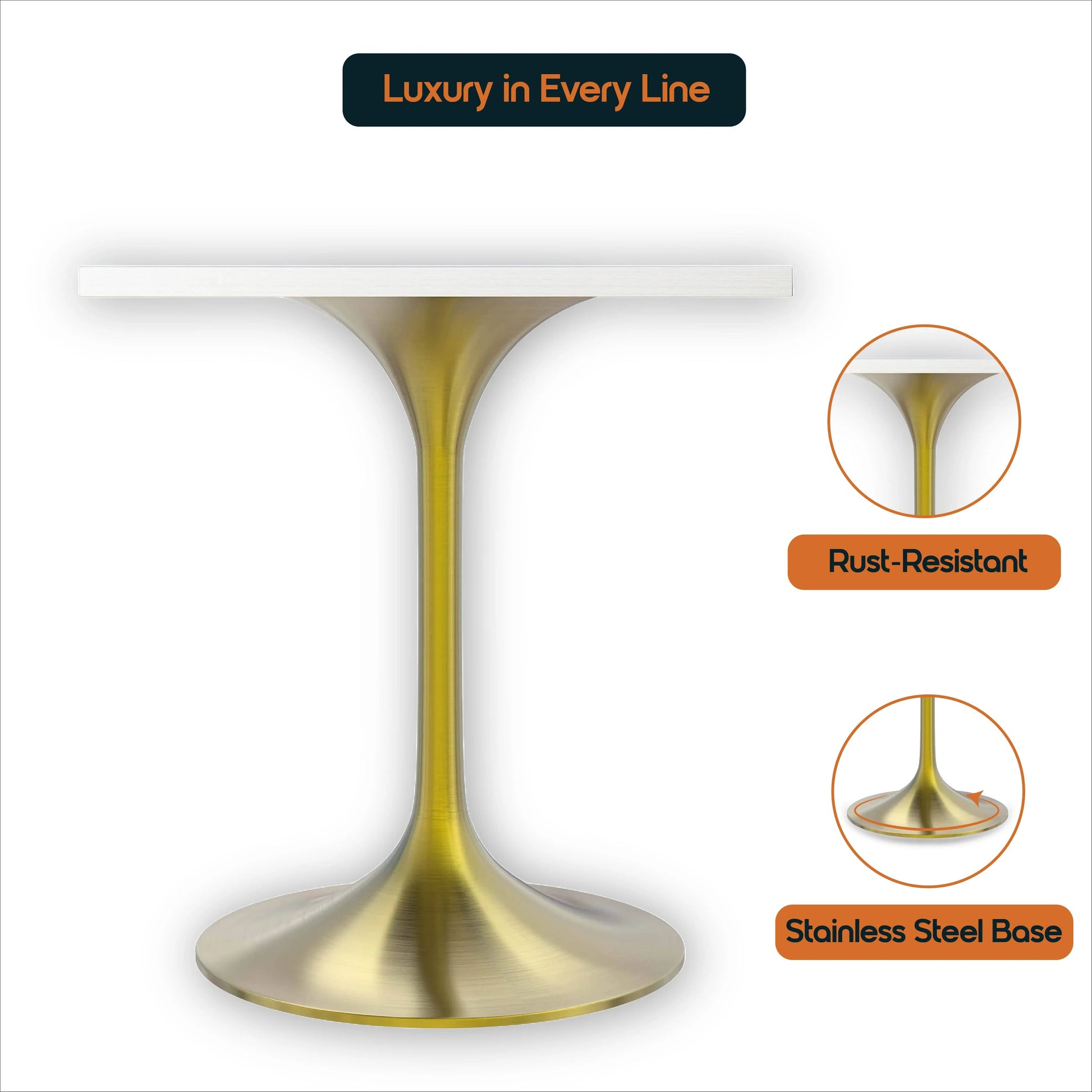 LeisureMod Verve Collection 24"Square Dining Table, Black/White/Brushed Gold Base with Black MDF Top - Elax Furniture