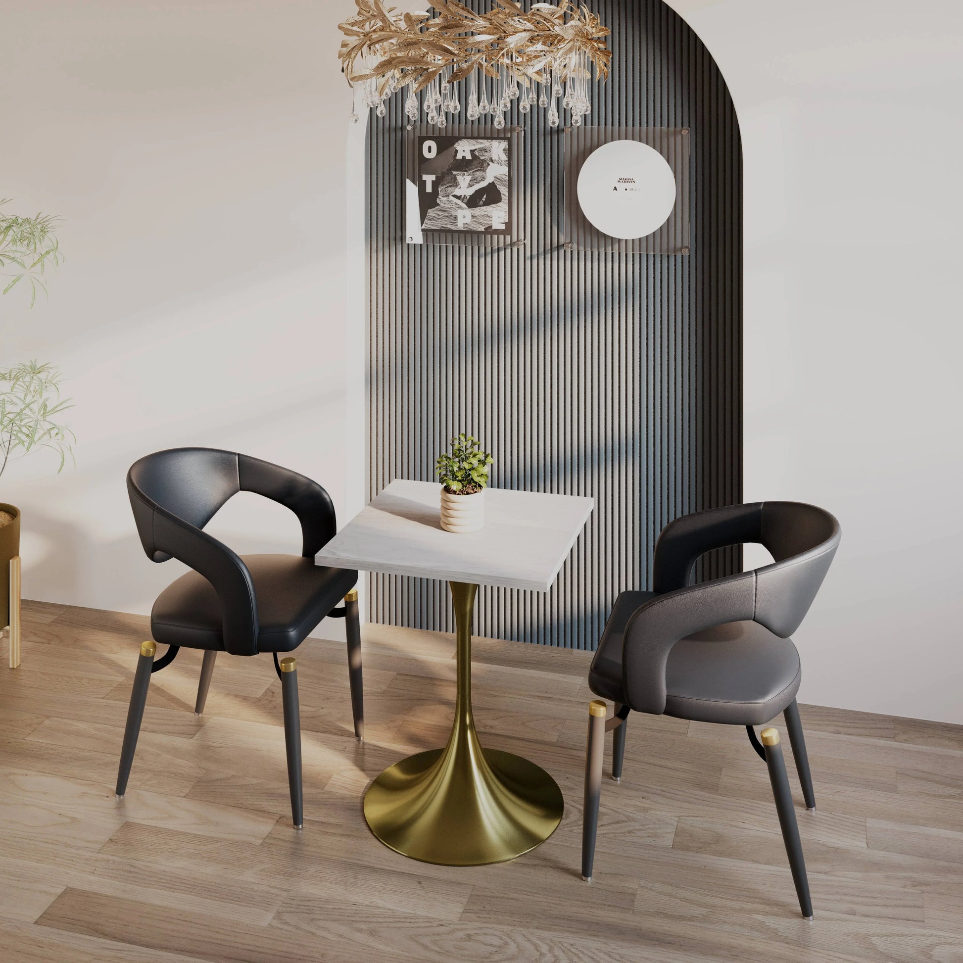 LeisureMod Verve Collection 24"Square Dining Table, Black/White/Brushed Gold Base with Black MDF Top - Elax Furniture