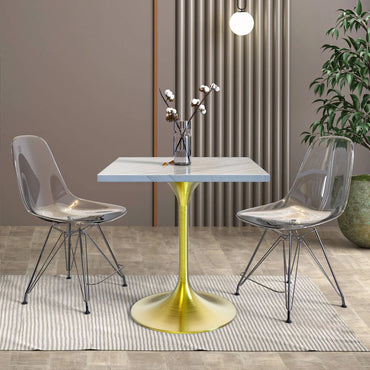 Verve Square Dining Table with a Laminated White Marbleized Tabletop and Brushed Gold Stainless Steel Base - Elax Furniture
