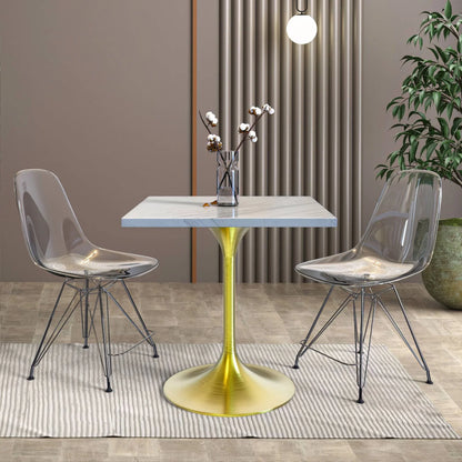Verve Square Dining Table with a Laminated White Marbleized Tabletop and Brushed Gold Stainless Steel Base - Elax Furniture