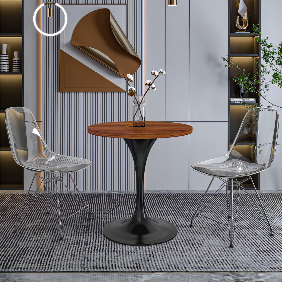 Verve Round Dining Table with MDF/Sintered Stone/Resin Tabletop in Black Stainless Steel Pedestal Base MDF 27 Inch Cognac Brown Dining Table Leisuremod