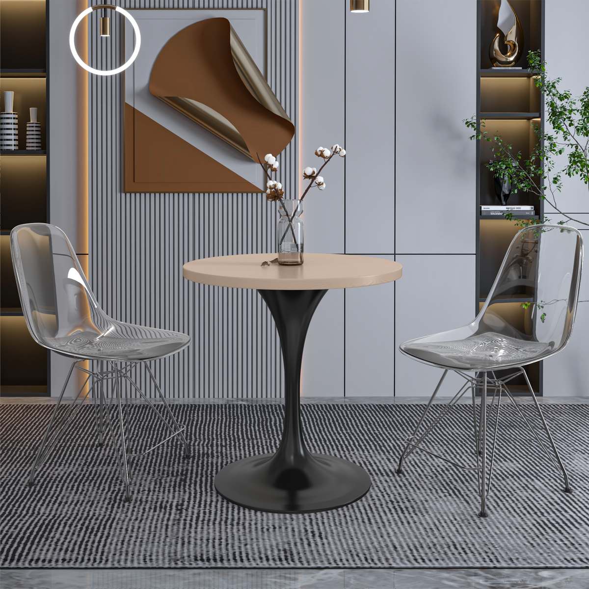 Verve Round Dining Table with MDF/Sintered Stone/Resin Tabletop in Black Stainless Steel Pedestal Base MDF 27 Inch Natural Wood Dining Table Leisuremod
