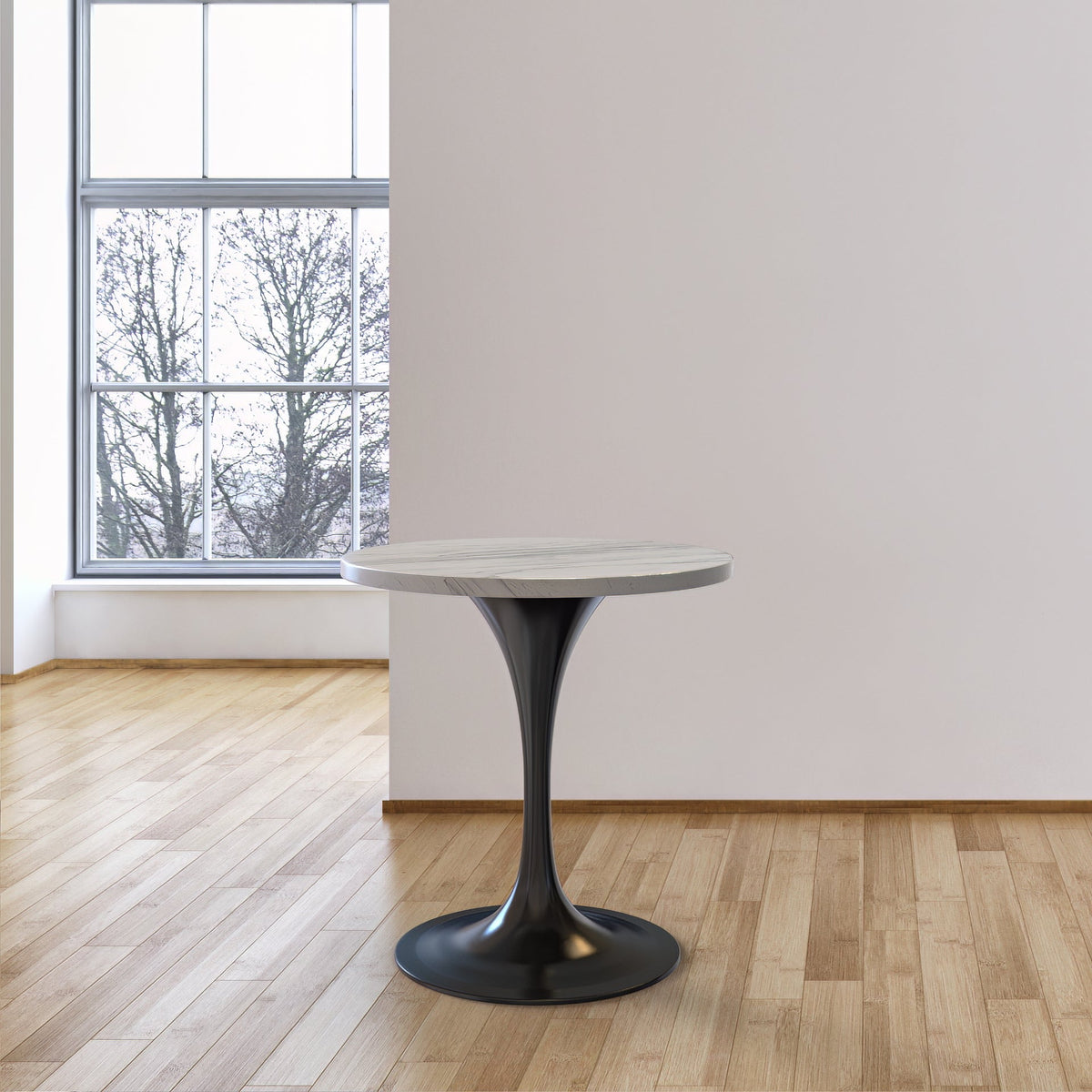 Verve Round Dining Table with MDF/Sintered Stone/Resin Tabletop in Black Stainless Steel Pedestal Base Resin 27 Inch White Resin Dining Table Leisuremod