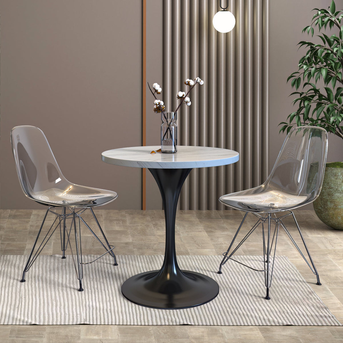 Verve Round Dining Table with MDF/Sintered Stone/Resin Tabletop in Black Stainless Steel Pedestal Base Resin 27 Inch White Resin Dining Table Leisuremod