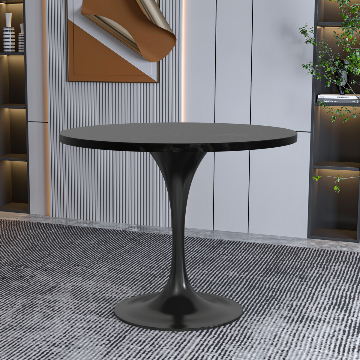 Verve Round Dining Table with MDF/Sintered Stone/Resin Tabletop in Black Stainless Steel Pedestal Base MDF 36 Inch Black Dining Table Leisuremod