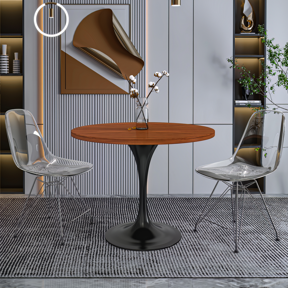 Verve Round Dining Table with MDF/Sintered Stone/Resin Tabletop in Black Stainless Steel Pedestal Base MDF 36 Inch Cognac Brown Dining Table Leisuremod