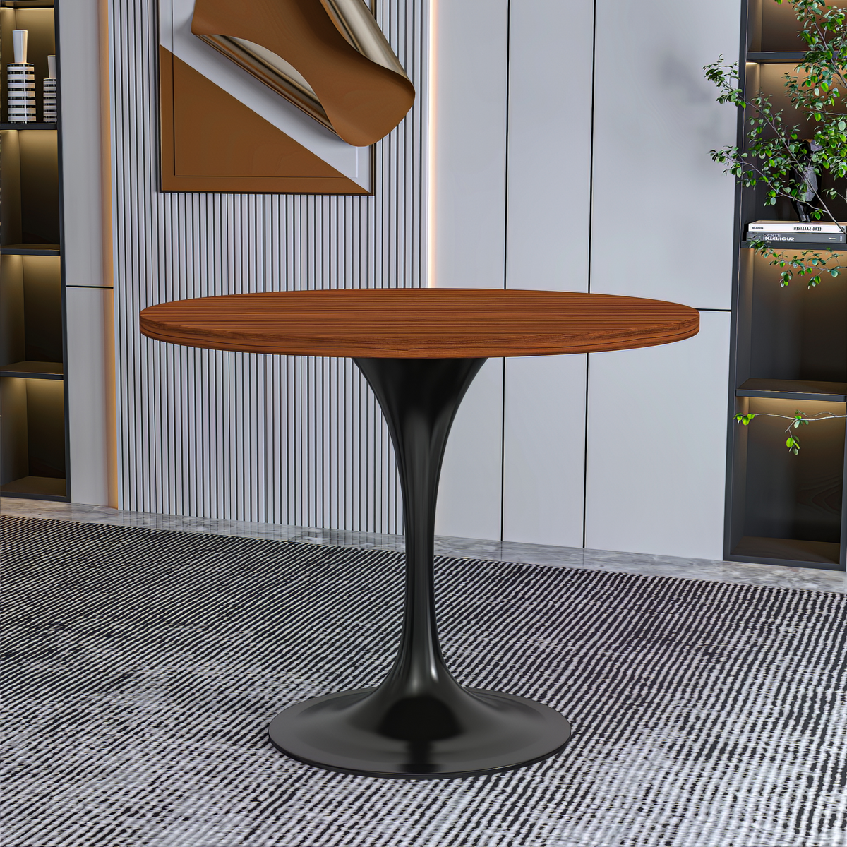 Verve Round Dining Table with MDF/Sintered Stone/Resin Tabletop in Black Stainless Steel Pedestal Base MDF 36 Inch Cognac Brown Dining Table Leisuremod