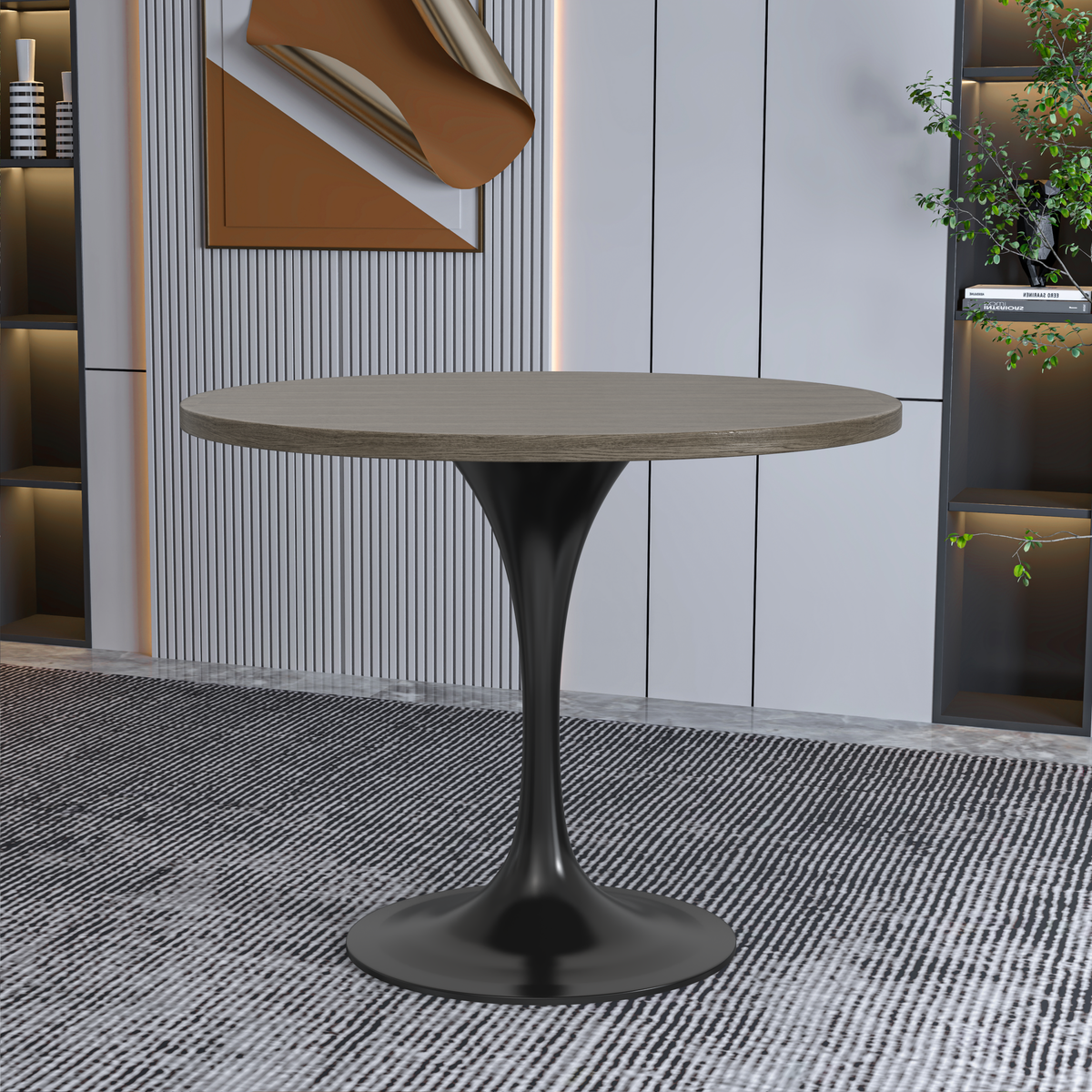 Verve Round Dining Table with MDF/Sintered Stone/Resin Tabletop in Black Stainless Steel Pedestal Base MDF 36 Inch Dark Maple Dining Table Leisuremod