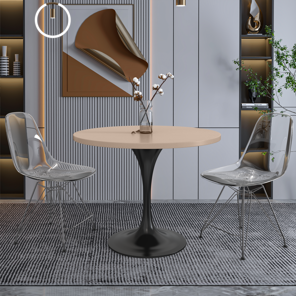 Verve Round Dining Table with MDF/Sintered Stone/Resin Tabletop in Black Stainless Steel Pedestal Base MDF 36 Inch Natural Wood Dining Table Leisuremod