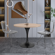 Verve Round Dining Table with MDF/Sintered Stone/Resin Tabletop in Black Stainless Steel Pedestal Base MDF 36 Inch Natural Wood Dining Table Leisuremod
