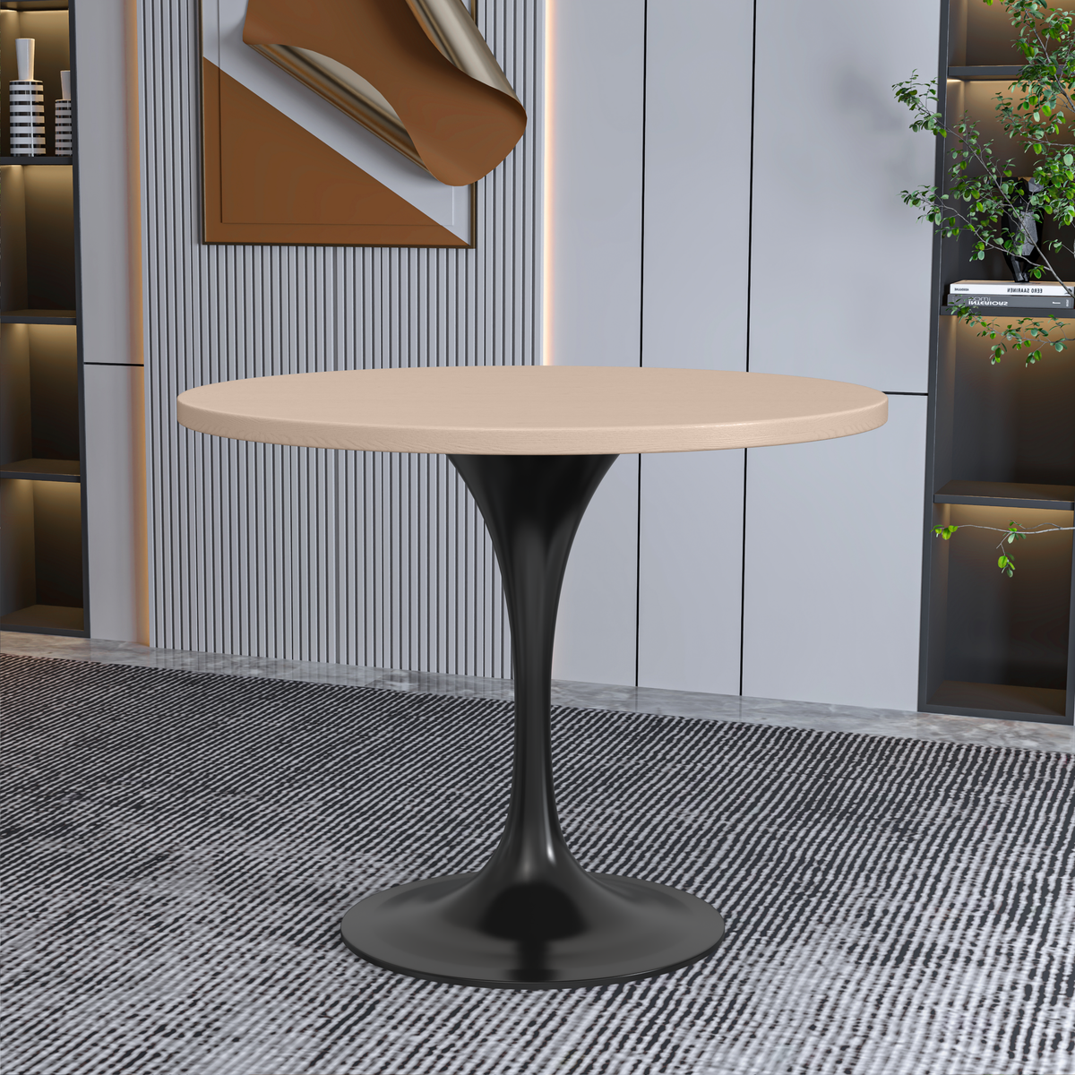 Verve Round Dining Table with MDF/Sintered Stone/Resin Tabletop in Black Stainless Steel Pedestal Base MDF 36 Inch Natural Wood Dining Table Leisuremod