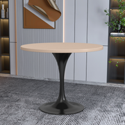 Verve Round Dining Table with MDF/Sintered Stone/Resin Tabletop in Black Stainless Steel Pedestal Base MDF 36 Inch Natural Wood Dining Table Leisuremod
