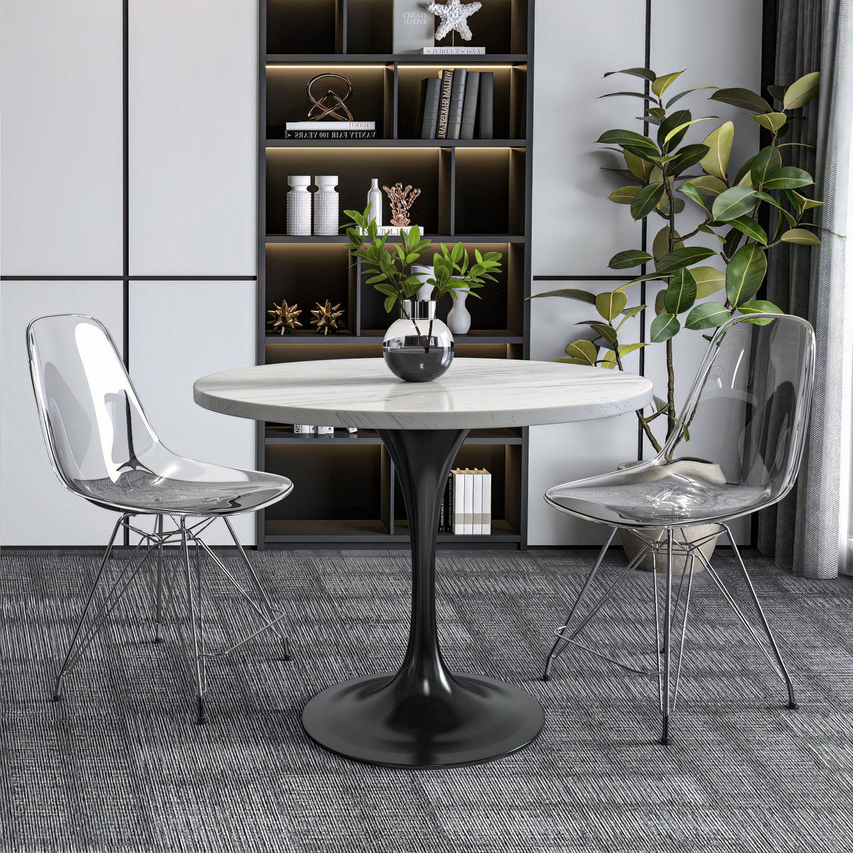 Verve Round Dining Table with MDF/Sintered Stone/Resin Tabletop in Black Stainless Steel Pedestal Base Resin 36 Inch White Resin Dining Table Leisuremod