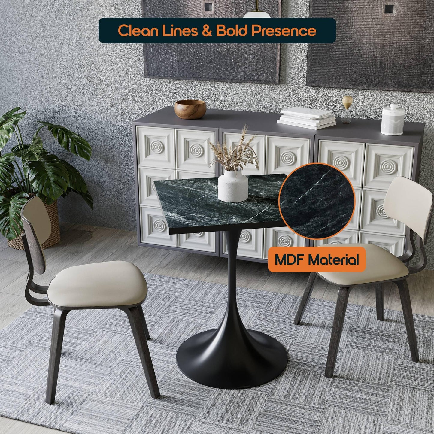 LeisureMod Verve Collection 24"Square Dining Table, Black/White/Brushed Gold Base with Black MDF Top - Elax Furniture