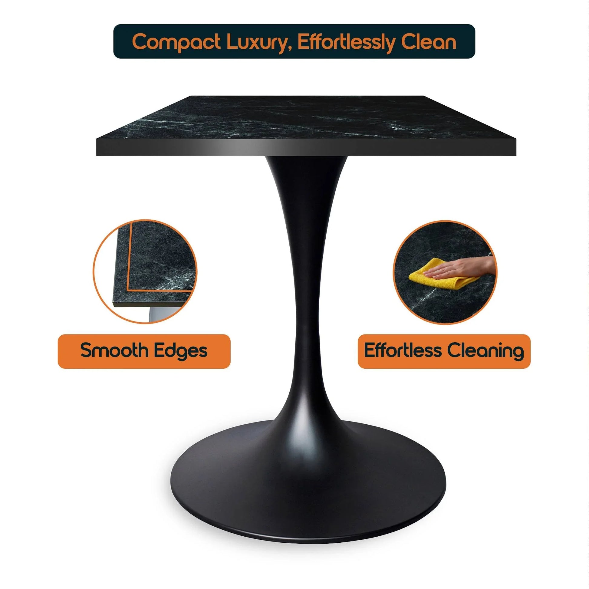 LeisureMod Verve Collection 24"Square Dining Table, Black/White/Brushed Gold Base with Black MDF Top - Elax Furniture