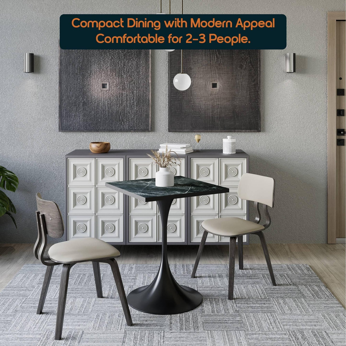 LeisureMod Verve Collection 24"Square Dining Table, Black/White/Brushed Gold Base with Black MDF Top - Elax Furniture